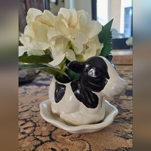 VINTAGE CDP Natural White Clay Black White Glazed Ceramic Cow Planter‎
